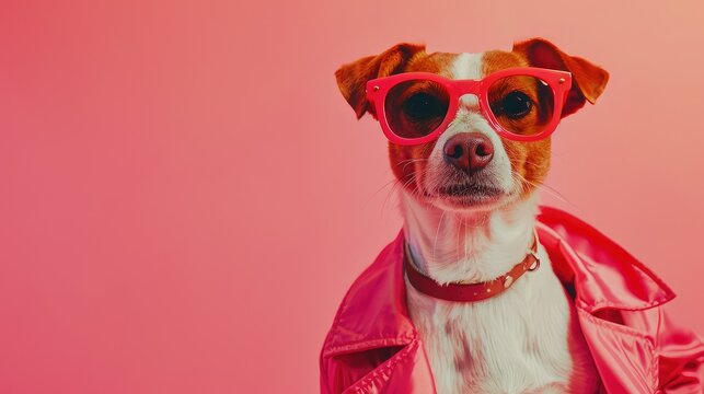 A dog wearing sunglasses and a pink leather jacket against a pink background
