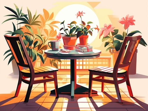 A group of friends playing a board game on a patio, surrounded by potted plants and fairy lights, with everyone deeply engaged and occasional bursts of laughter breaking the silence. Flat color