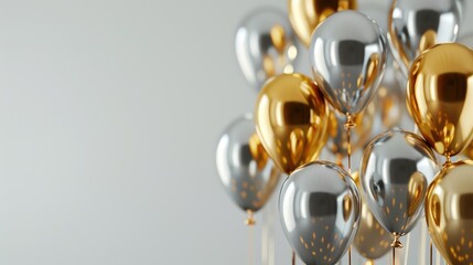 Gold and silver balloons bunch on a white background.