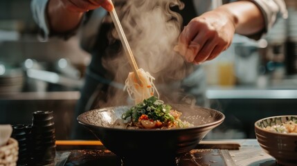 A chef preparing a bowl of ramen, adding fresh ingredients and pouring steaming broth. 