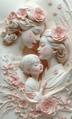 3D paper art of a mother and child with beautiful floral decorations and intricate details