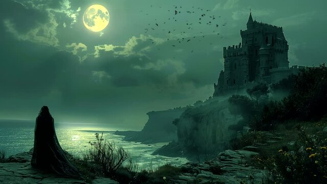 Gothic vampire castle on a misty hill with a full moon in the night sky. Seamless looping time-lapse animation background.