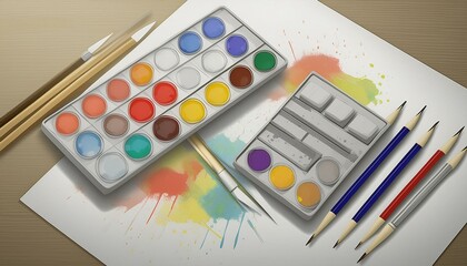 Naklejka premium paint, art, color, brush, palette, watercolor, paintbrush, painting, set, artist, drawing, colors, creativity, paints, colorful, water, school, yellow, craft, image, painter, red, artistic, green, gou