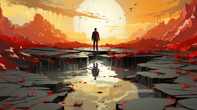 A businessman navigating a narrow ledge on the edge of a massive crater on a distant planet, carefully balancing as he avoids detection by enemy drones hovering above. Flat color illustration