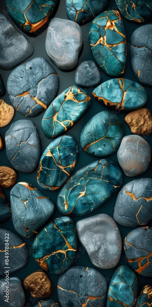 Poster teal and gold abstract pebbles in 3d render with artistic design