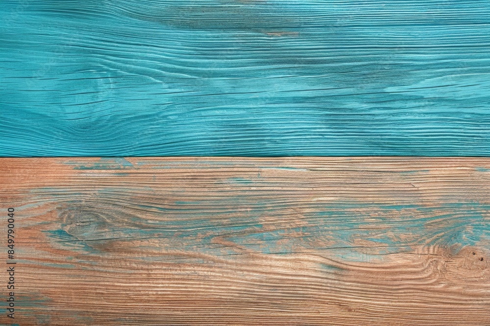 Poster natural wood background formed by two planks, the upper one painted in turquoise, creating an abstra