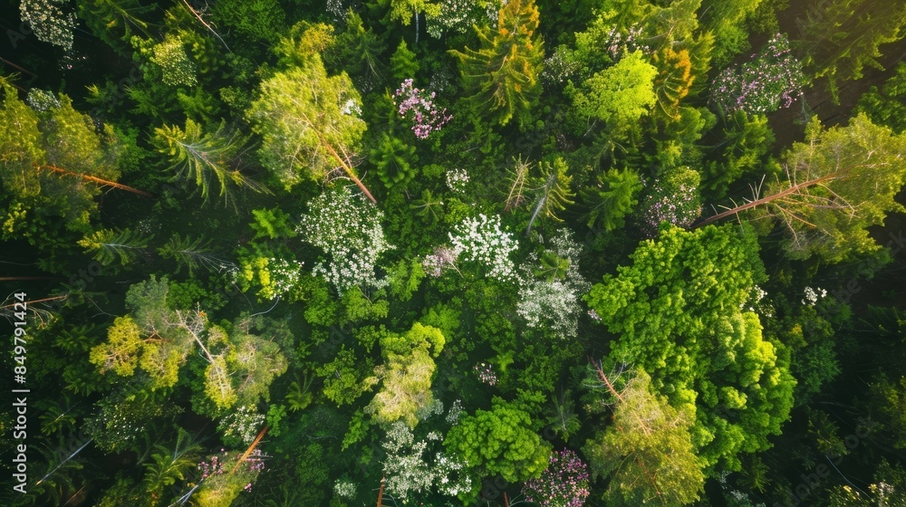Aufkleber aerial view of a lush green forest canopy with blooming trees in spring, creating a vibrant and text