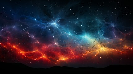 An abstract portrayal of the cosmic web, with intricate, glowing filaments connecting clusters of galaxies, representing the large-scale structure of the universe. Flat color illustration cartoons