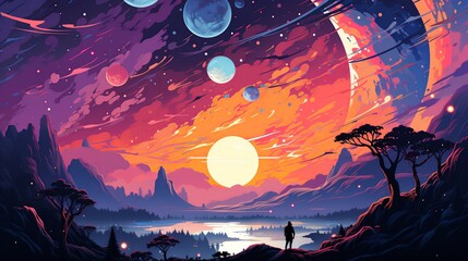 Obraz premium An artistic interpretation of the cosmic dawn, with the first light from young stars and galaxies breaking through the darkness of the early universe. Flat color illustration cartoons character, full