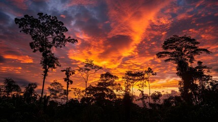 Fototapeta premium Stunning and vivid sunset bathing a lush rainforest canopy in a warm orange light