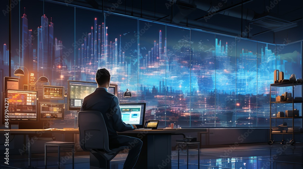 Wall mural digital screens displaying data analytics in a control room, demonstrating the integration of techno - Wall murals