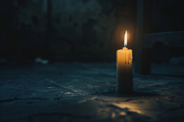 A lone candle illuminating a dark room. 