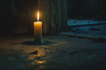 A lone candle illuminating a dark room. 