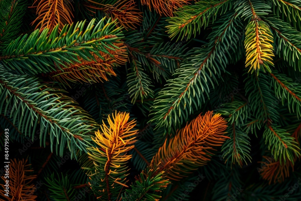 Poster tall conifer tree with green and yellow needles creates a captivating pattern, perfect for backgroun