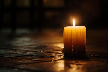 A lone candle illuminating a dark room. 