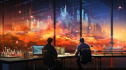 Engineers analyzing data on computer screens in a high-tech research facility, pursuing innovation in technology. Flat color illustration,