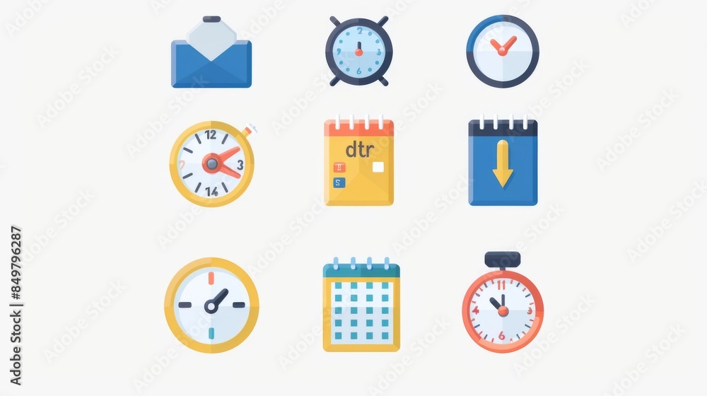 Fototapete this image features a set of icons related to timekeeping and scheduling, rendered in a flat design 