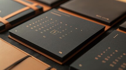 A stylish and luxurious black leather bound planner with gold embossed dates on a wooden desk surface