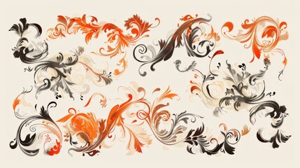 Beautiful floral swirl designs in red and orange tones on a beige textured background