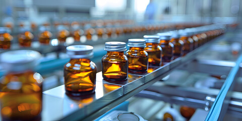 Medical Vials on Production Line at Pharmaceutical Manufacturing Facility - Close-up of Medicine Bottles in Factory