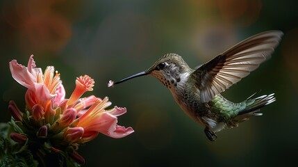 Fototapeta premium Hovering Hummingbird with Long Beak Collecting Nectar from Flower