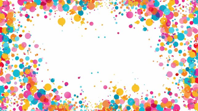 This image features an array of multicolored circular confetti pieces creating a vibrant border around a blank white center