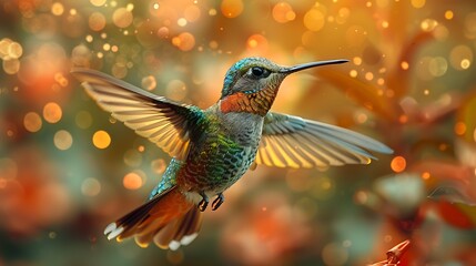 Fototapeta premium In-flight Hummingbird with Spread Wings, Iridescent Green and Blue Feathers