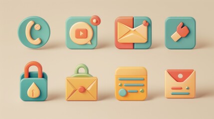 A collection of beautifully designed 3D social media and communication icons with a pastel color palette