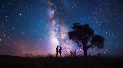 A couple in a tender embrace is silhouetted against the majesty of the night sky peppered with stars
