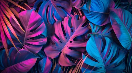 Monstera leaves artistically colored in varying shades of purple and blue, creating a visually intriguing composition