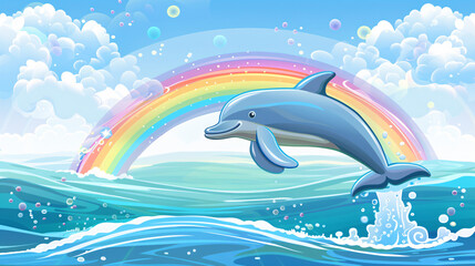 A cheerful cartoon dolphin jumping out of the water with a rainbow in the background
