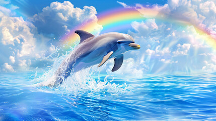A cheerful cartoon dolphin jumping out of the water with a rainbow in the background