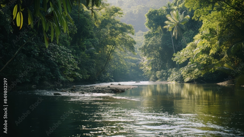 Wall mural sunlit tropical forest with a stunning river running through it