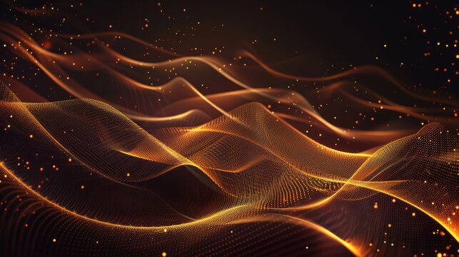 An orange wave pattern with a sparkling particle effect evokes energy and creativity on a dark background - Powered by Adobe