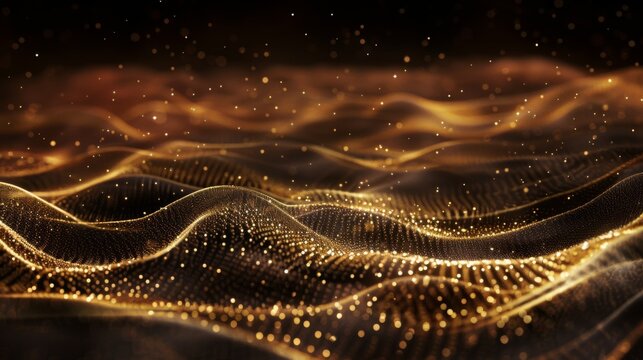 This image captures a mesmerizing pattern of golden waves against a dark background, symbolizing technology and flow