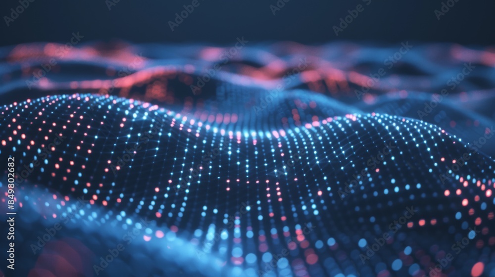 Wall mural a high-resolution image depicting waves of blue and red network lines and dots, suggesting digital c
