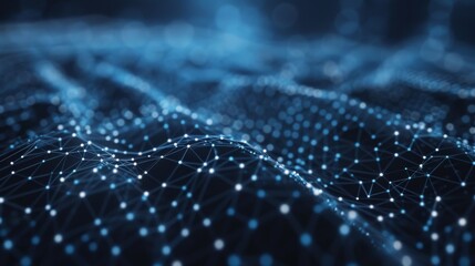 Illustration of dynamic blue particles connected by lines, forming a network over a dark background