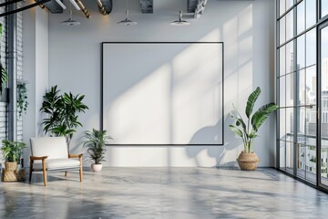 Mockup of blank wall with poster in office room created with Generative AI