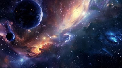 Obraz premium Deep space visualization with glowing nebulas, planets, and stars evoking a sense of discovery and vastness