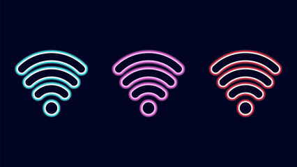 WiFi symbols neon effect dark background. Waves Wi Fi signal icon. Internet connection modern technology. Pink blue and red. Design web page billboard banner. Vector illustration.