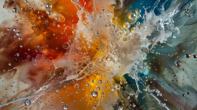An abstract close-up of vibrant colors and splattering liquid resembling an explosion of paint and beads