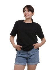 Smiling woman in stylish black t-shirt on white background