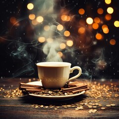 Fototapeta premium Warm Coffee With Cinnamon Sticks and Festive Lights