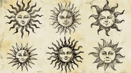 Stylized sun illustrations with whimsy faces on old paper texture, evoking nostalgic and mystical vibes