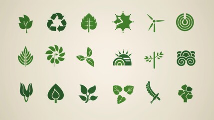 An array of elegant green icons that represent different aspects of ecology and the natural world