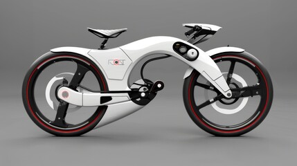 A modern design concept bike featuring an integrated frame and wheel system with a minimalistic white and red color scheme