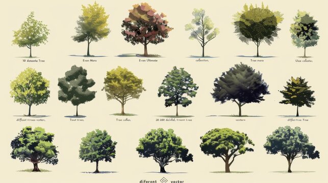 Botanical illustration featuring different species of trees with their names labeled in a decorative manner