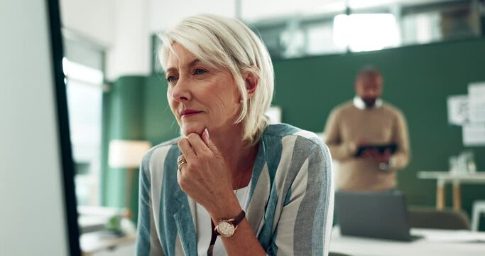 Boss, mature woman and thinking by computer with problem solving, reading and confused with creative research. Business, interior designer and person with pc for decision making or renovation project