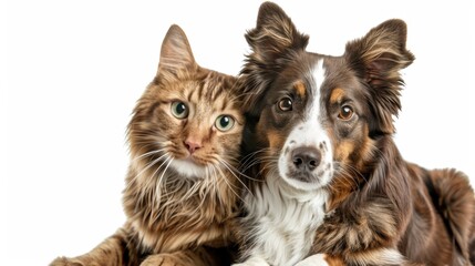 Fototapeta premium Portrait of two domestic pets, cat and dog sitting together. Truly friendship.