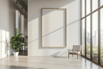 Mockup of blank wall with poster in office room created with Generative AI